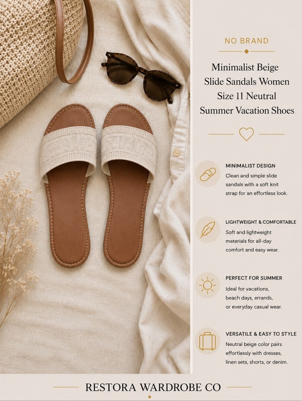 Minimalist Beige Slide Sandals Women Size 11 Neutral Summer Vacation Shoes